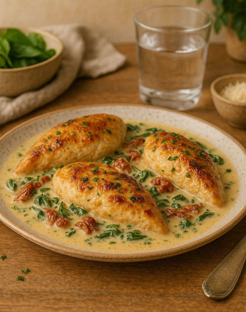 Seared chicken in skillet for Tuscan chicken recipe