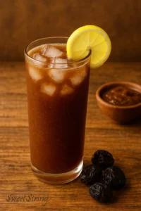 Imli Aloobukhaara Drink (Tamarind Plum Cooler) served in a tall clear glass. The drink is dark brownish-red in color with a slightly pulpy texture. Garnished with ice cubes, a slice of lemon on the rim, and a few soaked dried plums beside the glass.