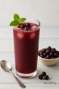 The juice is a rich purple-red color, served in a clear tall glass with visible ice cubes. Garnished with a few falsa berries on top and a mint leaf or lemon wedge on the rim. Around the glass, place a small bowl of fresh falsa berries and a spoon