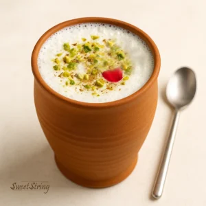 Sweet Lassi served in a clay glass (kulhar). The lassi is white and frothy, topped with crushed pistachios and a sprinkle of cardamom. There is a steel spoon or metal straw beside the glass.