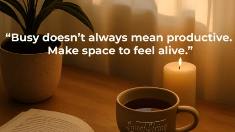 A cozy, calming scene with an open book, a steaming cup of tea, a lit candle, and a leafy plant on a wooden table. Warm natural sunlight filters through soft curtains, creating a peaceful atmosphere. Ideal for a lifestyle blog post about staying productive without burnout