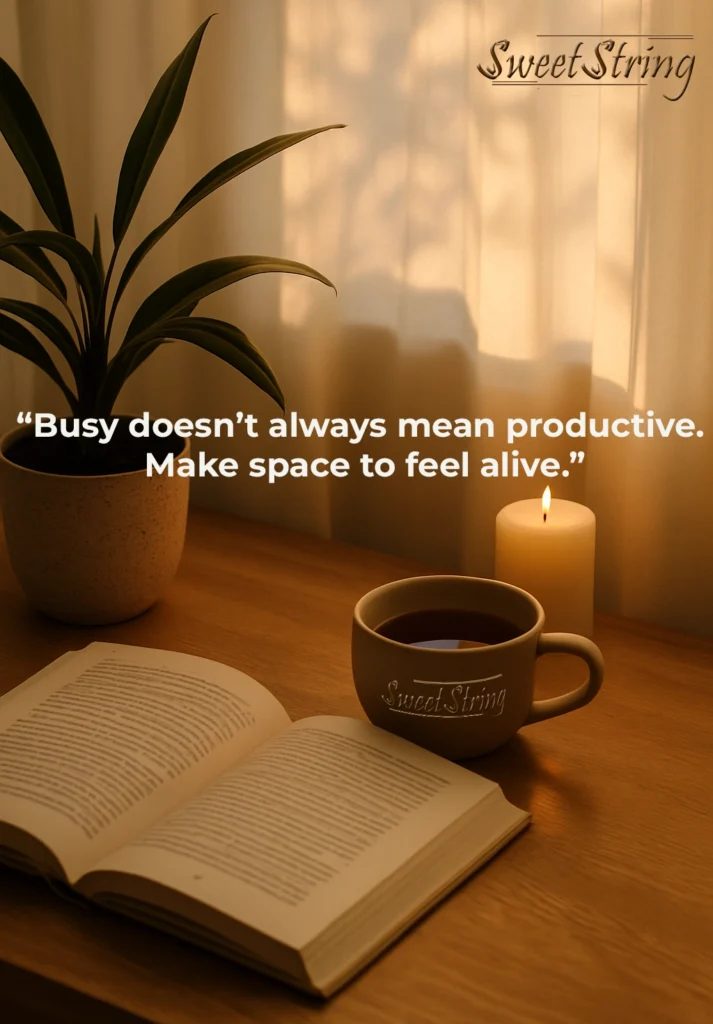 A cozy, calming scene with an open book, a steaming cup of tea, a lit candle, and a leafy plant on a wooden table. Warm natural sunlight filters through soft curtains, creating a peaceful atmosphere. Ideal for a lifestyle blog post about staying productive without burnout