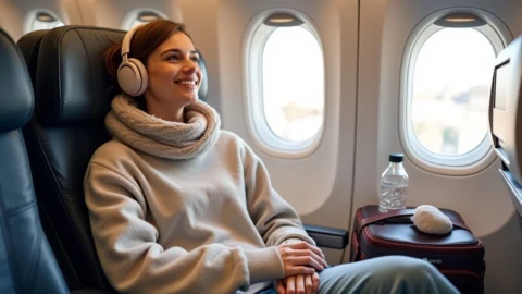 View of airplane wing over clouds during a long-haul flight