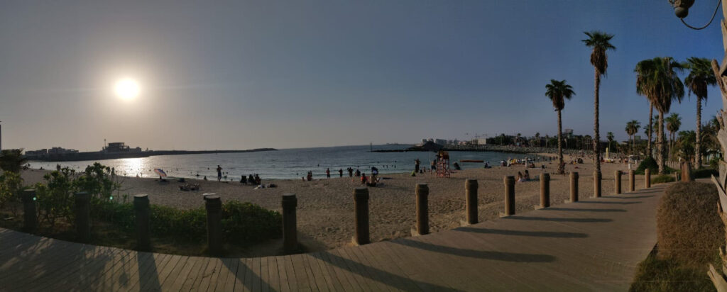Sunset over the sea at La Mer beach in Dubai